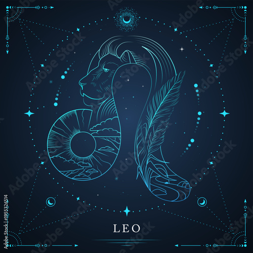 Modern magic witchcraft card with astrology Leo zodiac sign on space background. Line art vector illustration