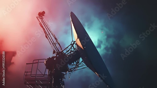 Satellite dish or radio telescope silhouette standing against a vibrant, dynamically colored sky, symbolizing global communication, intelligence gathering, and cosmic exploration