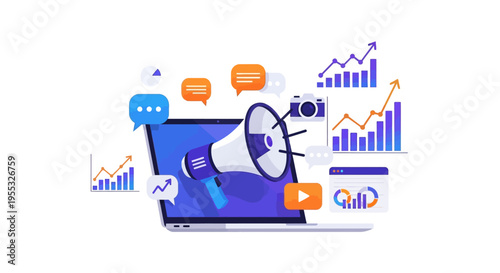 Laptop Megaphone Marketing Graphics.