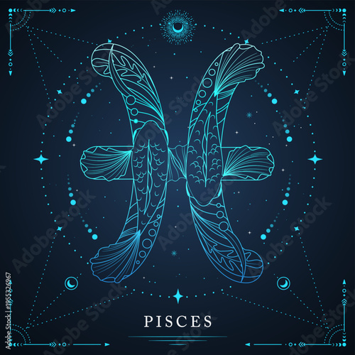 Modern magic witchcraft card with astrology Pisces zodiac sign on space background. Line art vector illustration