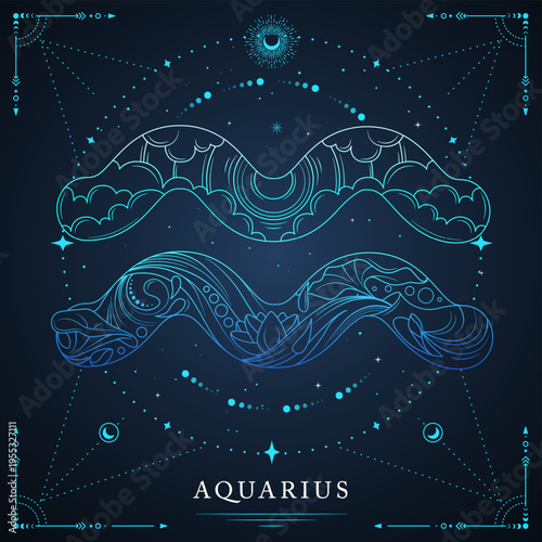 Modern magic witchcraft card with astrology Aquarius zodiac sign on space background. Line art vector illustration