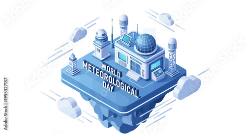 Isometric illustration of a meteorological building with satellite and radar equipment on a platform, surrounded by clouds and weather symbols, conveying a weather science concept with a