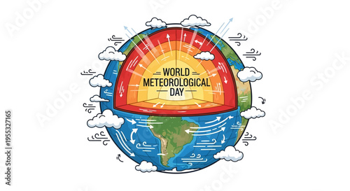 Vector illustration of Earth with a colorful temperature gradient and weather elements, celebrating World Meteorological Day with a design focused on meteorology awareness and climate