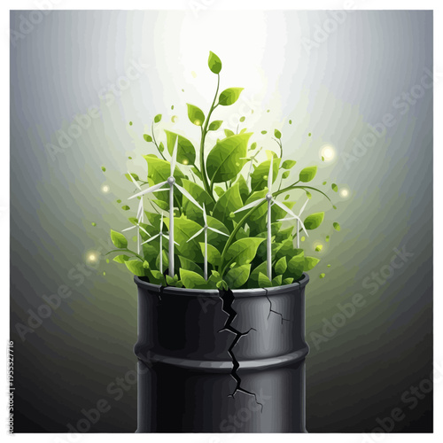 Cracked oil barrel sprouting green plant and wind turbines vector