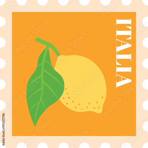 Postage stamp with lemon and wavy edges, vector flat lemon fruit with leaf, Mediterranean Italia poster design