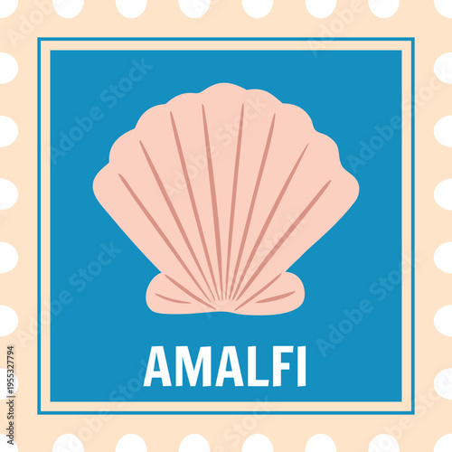 Postage stamp with seashell flat vector icon, cartoon beige mollusk conch, Mediterranean design element, Amalfi poster