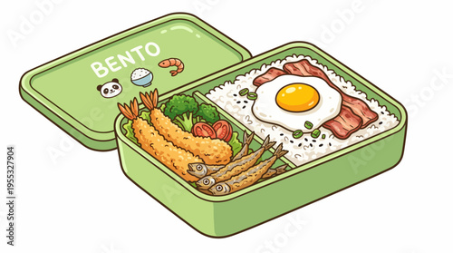 Japanese Bento Box Cartoon Illustration - Packaged Lunch with Fried Egg, Bacon, and Tempura