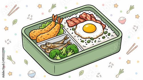 Japanese Bento Box Cartoon Illustration - Packaged Lunch with Fried Egg, Bacon, and Tempura