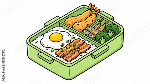 Japanese Bento Box Cartoon Illustration - Packaged Lunch with Fried Egg, Bacon, and Tempura