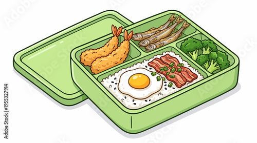 Japanese Bento Box Cartoon Illustration - Packaged Lunch with Fried Egg, Bacon, and Tempura