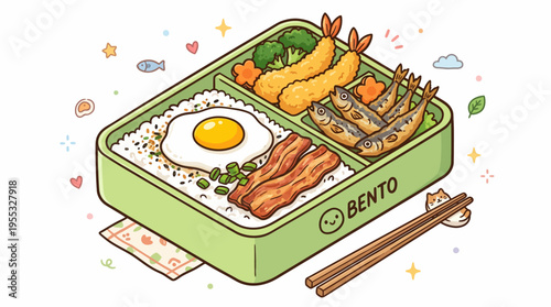 Japanese Bento Box Cartoon Illustration - Packaged Lunch with Fried Egg, Bacon, and Tempura