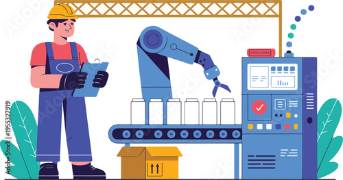 Industrial factory worker supervising robotic arm on conveyor belt assembly line for automated manufacturing and quality control flat vector illustration.