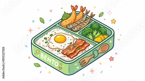 Japanese Bento Box Cartoon Illustration - Packaged Lunch with Fried Egg, Bacon, and Tempura