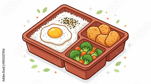 Japanese Bento Box Cartoon Illustration - Packaged Lunch with Rice, Fried Egg, Chicken, and Vegetables