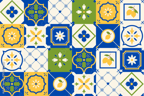 Mediterranean Amalfi tile, mosaic, vector colored ceramic tiles pattern, picture square with floral ornament and lemons