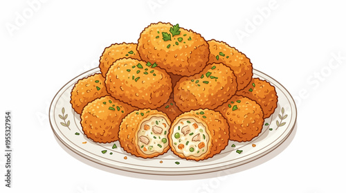 Crispy Golden Fried Croquettes Illustration - Stack of Appetizing Breaded Nuggets on a Plate