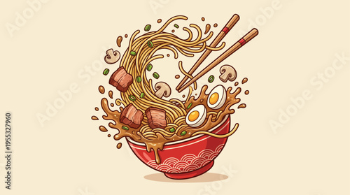 Vector Cartoon Illustration of Flying Ramen Bowl with Chopsticks, Noodles, Pork, Egg, and Toppings