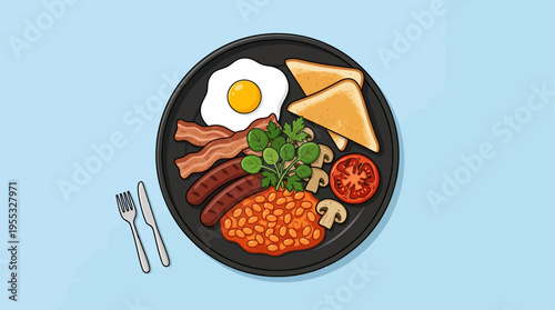 Full English Breakfast Illustration - Traditional Plate with Egg, Bacon, Beans, and Toast