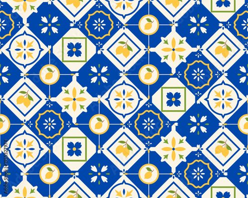 Mediterranean Amalfi tile, mosaic, vector colored ceramic tiles seamless pattern, square with floral ornament and lemons