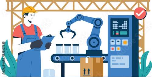 Industrial factory worker supervising robotic arm on conveyor belt assembly line for automated manufacturing and quality control flat vector illustration.