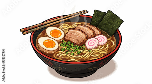 Japanese Ramen Bowl Illustration - Traditional Noodle Soup with Pork, Egg, and Narutomaki