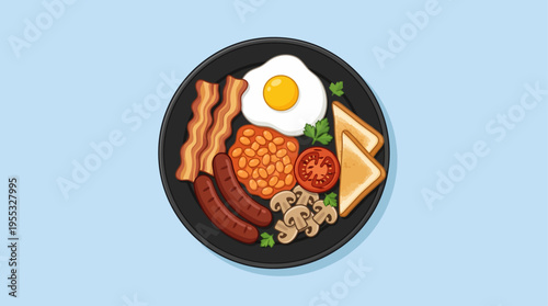 Full English Breakfast Illustration - Traditional Plate with Egg, Bacon, Beans, and Toast