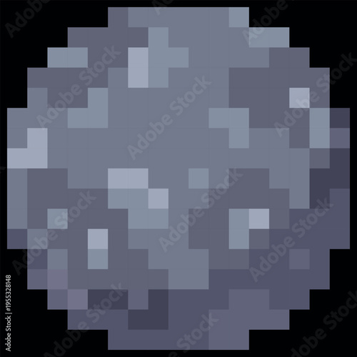 Moon planet vector pixel art, cartoon gray space planet with craters squared contour, retro 8 bit video game element