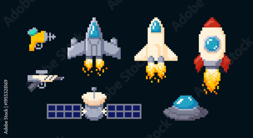 A pixelated set of space vehicles and weapons, 8-bit, on a black isolated background.