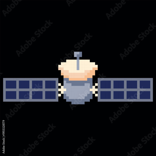 Space orbital satellite vector pixel art, cartoon retro 8 bit video game spaceship shuttle with solar panels and antenna