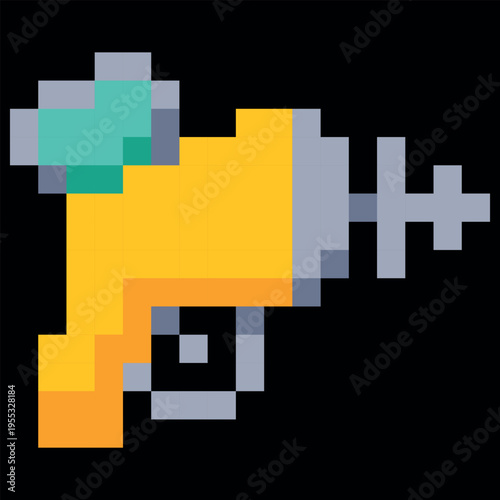 Space blaster pixel art, fantasy retro 8 bit galactic war video game blaster gun, cartoon vector futuristic alien weapon