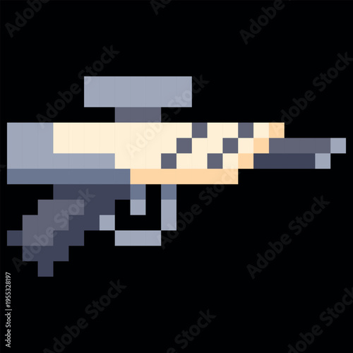 Gray pixel icon of a rifle, laser, or blaster, 8-bit.