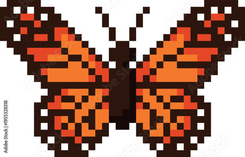 Butterfly vector pixel art, cartoon orange fly insect with wings and squared contour, retro 8 bit video game wild fauna