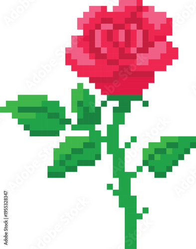 Blooming red rose pixel art vector icon, retro 8 bit video game rose flower bud and leaves on stem with squared contour