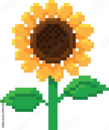 Pixelated yellow sunflower with green leaves, 8-bit.