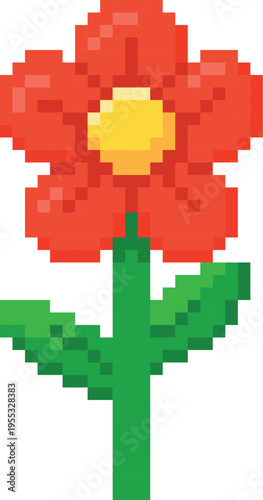 A red pixel flower on a green stem with leaves in 8-bit style.