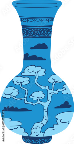 Elegant traditional Asian vase with a tree, vector antique pottery vase with landscape blue painting, Chinese interior