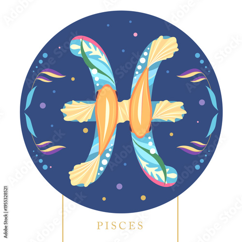Modern magic witchcraft card with astrology cartoon Pisces zodiac sign. Flat design. Vector illustration