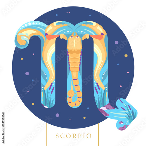 Modern magic witchcraft card with astrology cartoon Scorpio zodiac sign. Flat design. Vector illustration