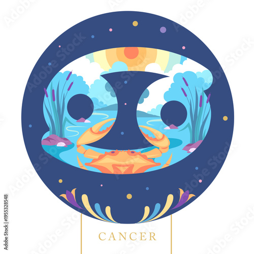 Modern magic witchcraft card with astrology cartoon Cancer zodiac sign. Flat design. Vector illustration