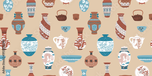 Traditional Asian vase, plate, bowl and kettle, vector vintage seamless pattern, oriental porcelain tableware background
