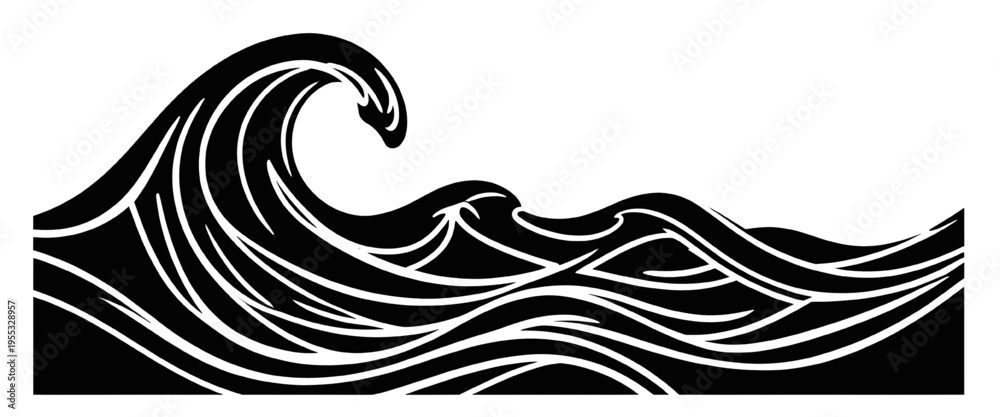 Fototapeta premium black ocean wave illustration with smooth flowing lines stylized sea motion marine design element minimal monochrome graphic isolated on white background