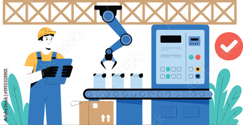 Industrial factory worker supervising robotic arm on conveyor belt assembly line for automated manufacturing and quality control flat vector illustration.