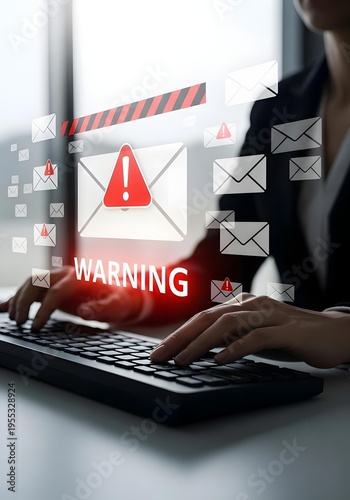 Cybersecurity concept with a person typing on a keyboard surrounded by digital warning icons and email symbols representing a phishing attack or spam