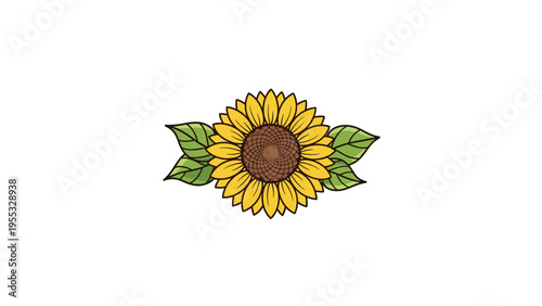 Symmetrical sunflower illustration with bright yellow petals and green leaves on both sides centered on a white background in a clean drawing style.