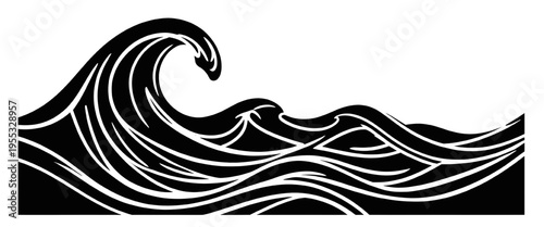black ocean wave illustration with smooth flowing lines stylized sea motion marine design element minimal monochrome graphic isolated on white background