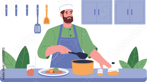 Happy male chef wearing apron and hat cooking healthy meal in modern kitchen with utensils flat vector illustration.