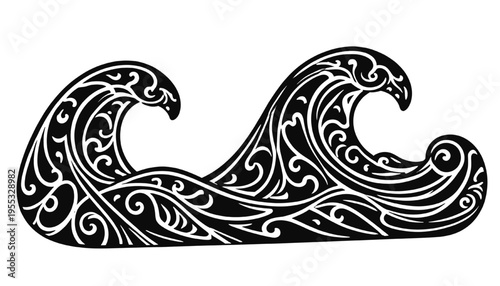 black ornamental ocean wave illustration with intricate swirl patterns decorative marine design element stylized line art isolated on white background