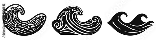 black ocean wave icons set with decorative and minimal styles water illustration collection marine design elements isolated on white background