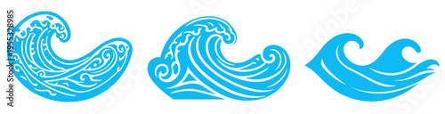 blue ocean wave icons set with decorative and minimal styles water illustration collection marine design elements isolated on white background