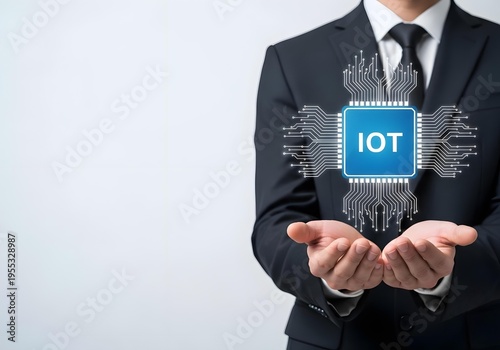 Businessman holding a digital microchip with iot text, representing the internet of things technology, isolated on white background